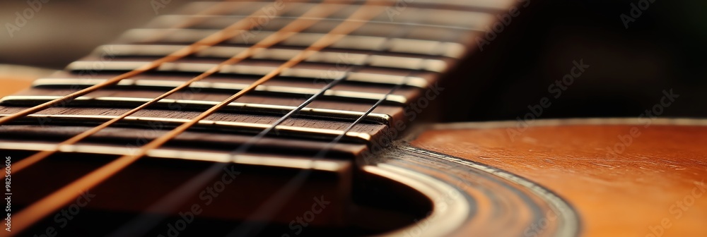 Detailed view of an acoustic guitar's strings and wooden body, showcasing craftsmanship and musical creation. Detailed view of an acoustic guitar's strings and wooden body, showcasing craftsmanship and musical creation.