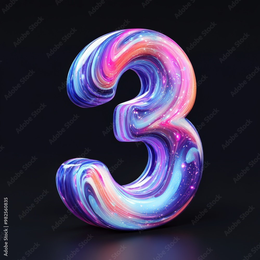 3D number 3 with aurora texture realistic modern design, soft lighting, black background. 3D number 3 with aurora texture realistic modern design, soft lighting, black background.