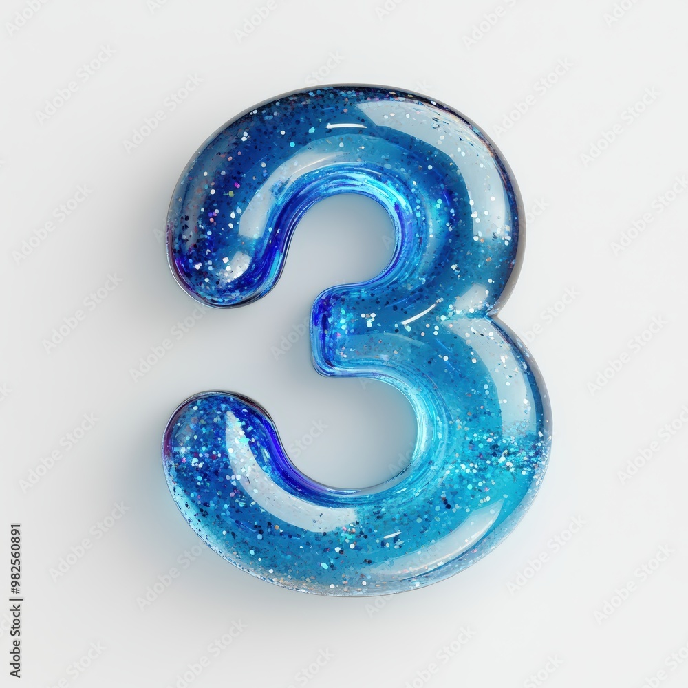 3D number 3 with blue liquid with glitters in glass number texture realistic modern design, soft lighting, white background. 3D number 3 with blue liquid with glitters in glass number texture realistic modern design, soft lighting, white background.
