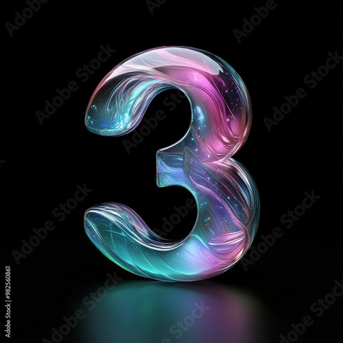 3D number 3 with aurora texture realistic modern design, soft lighting, black background. 