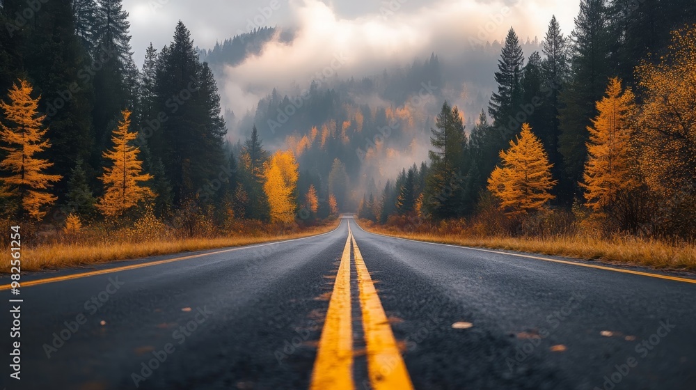 Naklejka premium Autumn Road Through Foggy Forest