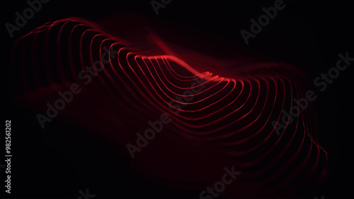 Abstract background with dynamic wave. Circular wave of dots. Musical sound wave. Dark background. Big data visualization. Plexus. Vector illustration.