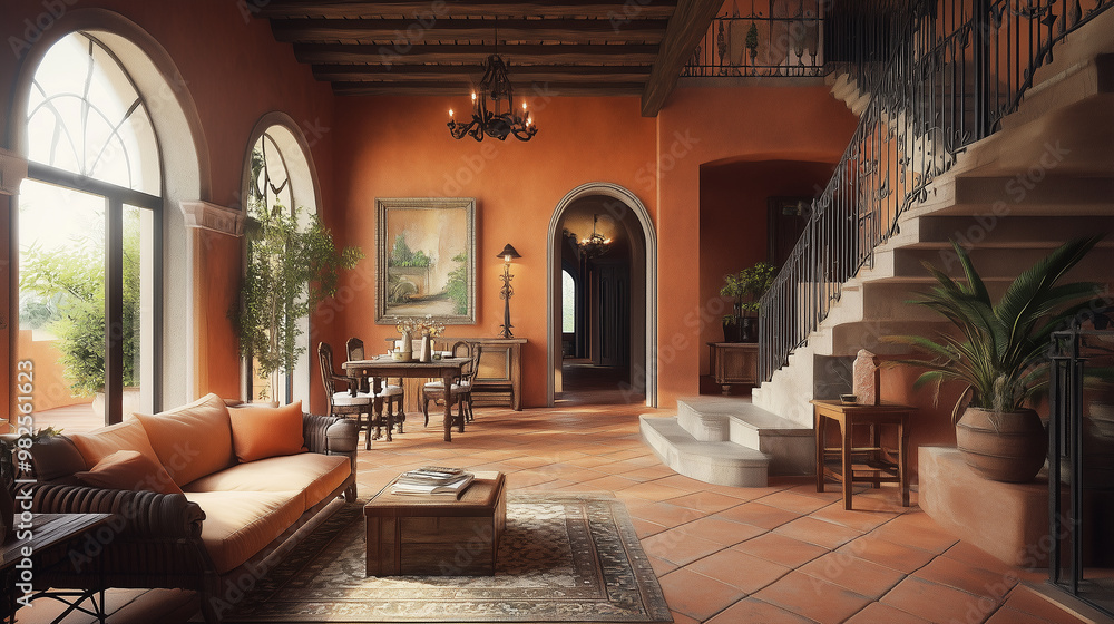 Warm, earthy interior design concept with terracotta floors, wrought iron accents, and rustic wooden furniture, evoking the charm of the Italian countryside. Warm, earthy interior design concept with terracotta floors, wrought iron accents, and rustic wooden furniture, evoking the charm of the Italian countryside.
