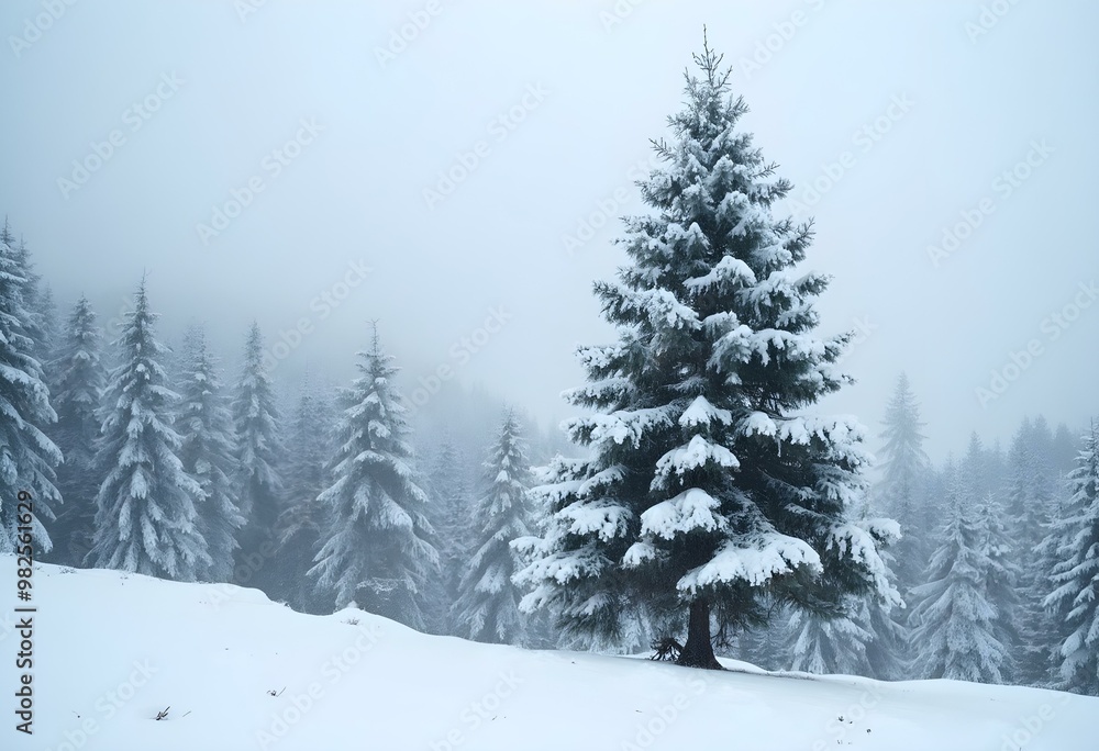 Fototapeta premium A tall pine tree covered in snow stands prominently in a serene winter landscape. Surrounding trees are blanketed in snow as mist softly fills the air, creating a peaceful and frosty atmosphere.