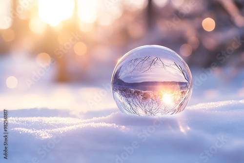 Crystal glass ball sitting on top of snowy surface generated.AI