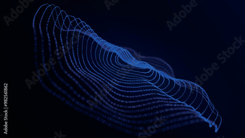 Abstract background with dynamic wave. Circular wave of dots. Musical sound wave. Dark background. Big data visualization. Plexus. Vector illustration.