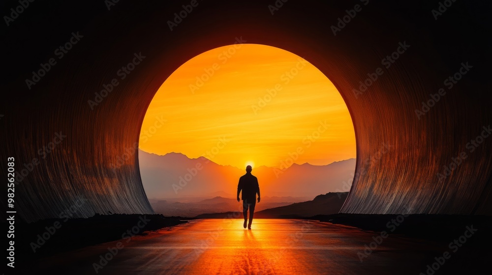 Silhouette of a Man Walking Towards a Sunset Through a Tunnel Silhouette of a Man Walking Towards a Sunset Through a Tunnel