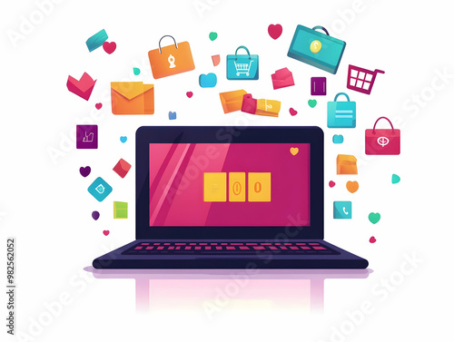 Wallpaper Mural Flat Glossy Laptop on White Surface with Holographic Floating Retail & Coupon Icons for E-Commerce Promotions - Professional Vector Design Torontodigital.ca