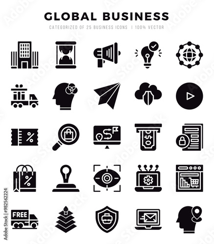 Set of Global Business Icons. Simple Glyph art style icons pack.