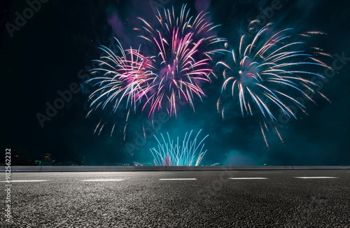 celebration night fireworks in the city landscape road outdoor