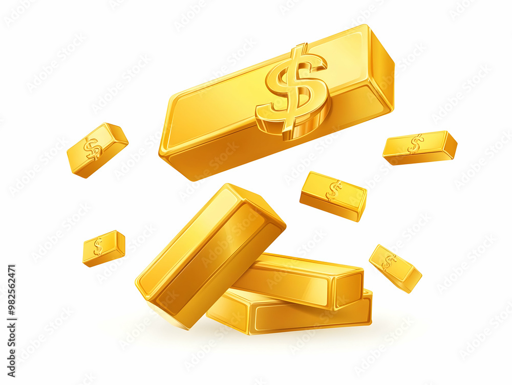 Minimalist Vector Illustration of Flat Floating Gold Bars with Dollar Sign on White Background - Symbolizing Wealth, Savings, and Profits in Smart Business Design Minimalist Vector Illustration of Flat Floating Gold Bars with Dollar Sign on White Background - Symbolizing Wealth, Savings, and Profits in Smart Business Design