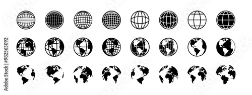 Globe vector icons. World maps black. Earth globe. Planet earth in different shapes. Big set of Earth Globe. Vector illustration