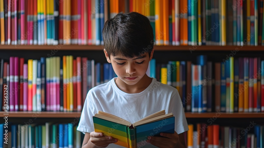 Boy focused on reading a book, with a tall bookshelf full of colorful books in the background Boy focused on reading a book, with a tall bookshelf full of colorful books in the background