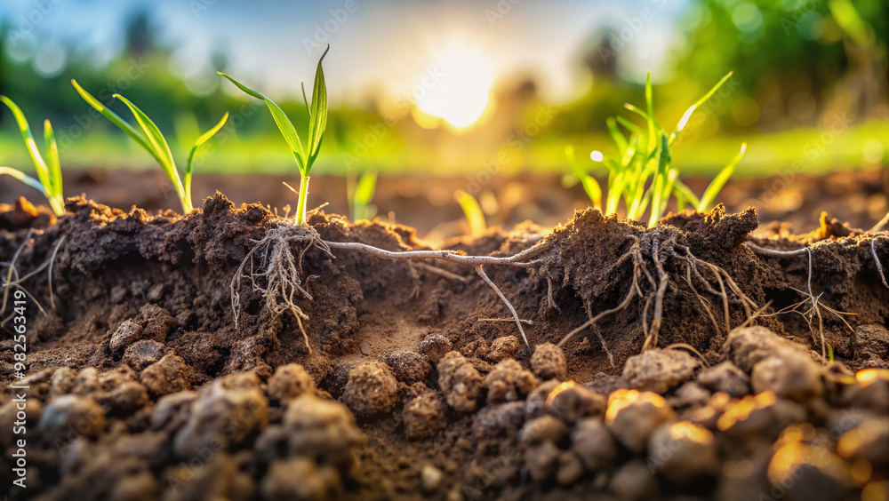 Fototapeta premium Close-Up of Soil with Sprouting Plants, Symbolizing Growth and Agriculture
