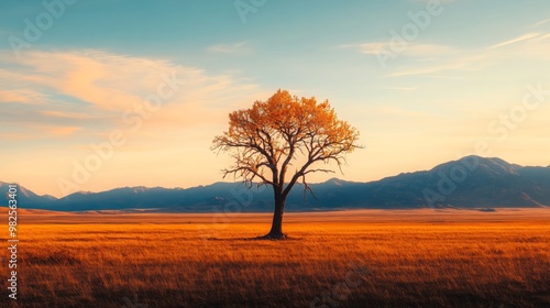 Lone Tree in Golden Meadow with Mountain Sunset