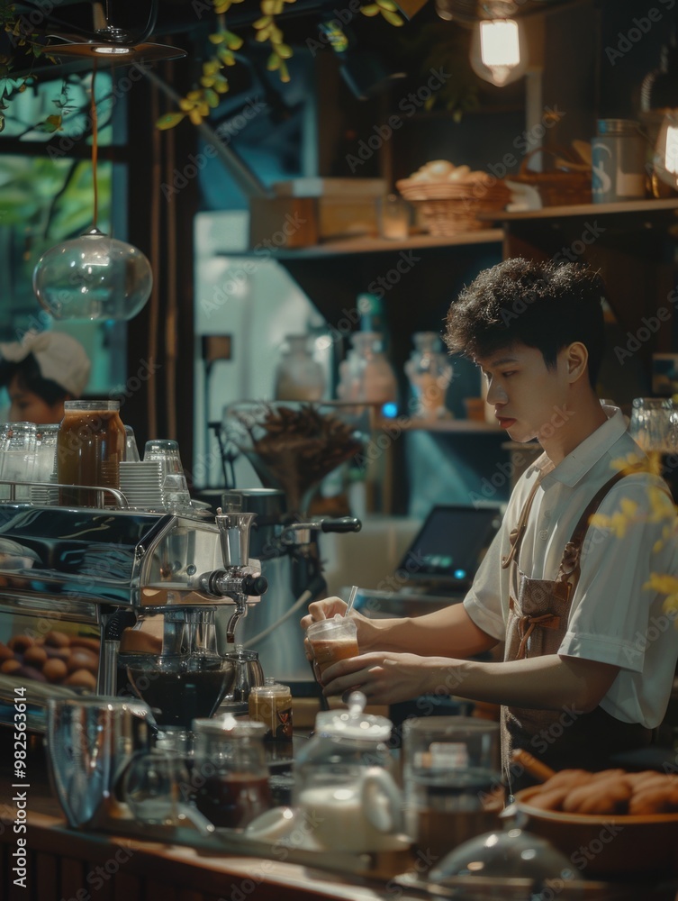 Handsome barista preparing coffee drinks in a modern shop Handsome barista preparing coffee drinks in a modern shop