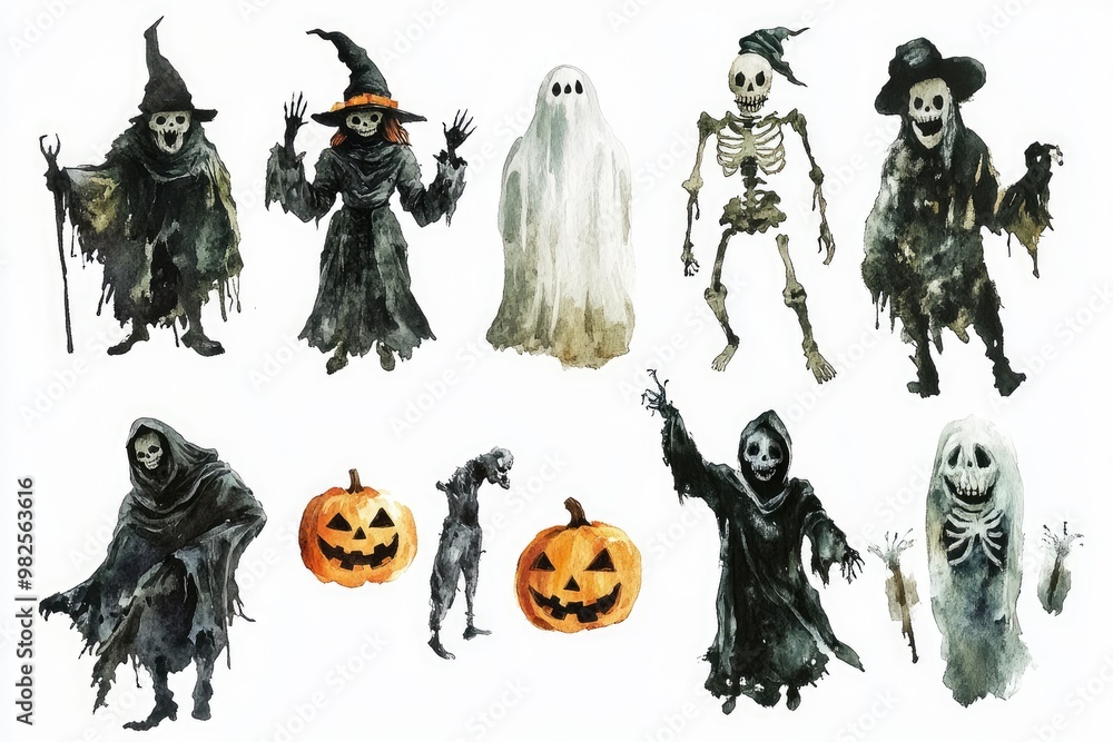 Watercolor Illustrations of Halloween Characters and Pumpkins Watercolor Illustrations of Halloween Characters and Pumpkins