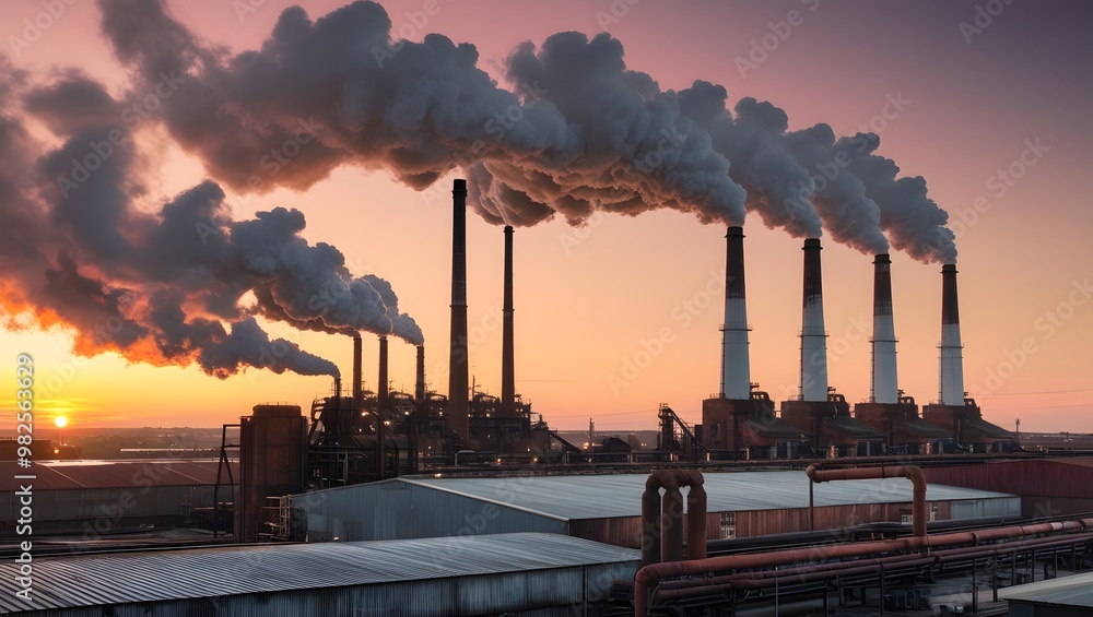 A photorealistic image of an industrial factory at sunset, with smoke ...