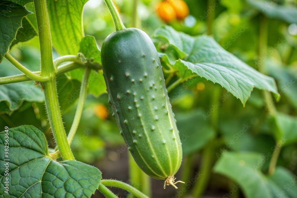 Close-up of a single cucumber growing on the plant, surrounded by lush green leaves. Perfect for gardening articles, agricultural promotions, and healthy eating visuals. Close-up of a single cucumber growing on the plant, surrounded by lush green leaves. Perfect for gardening articles, agricultural promotions, and healthy eating visuals.