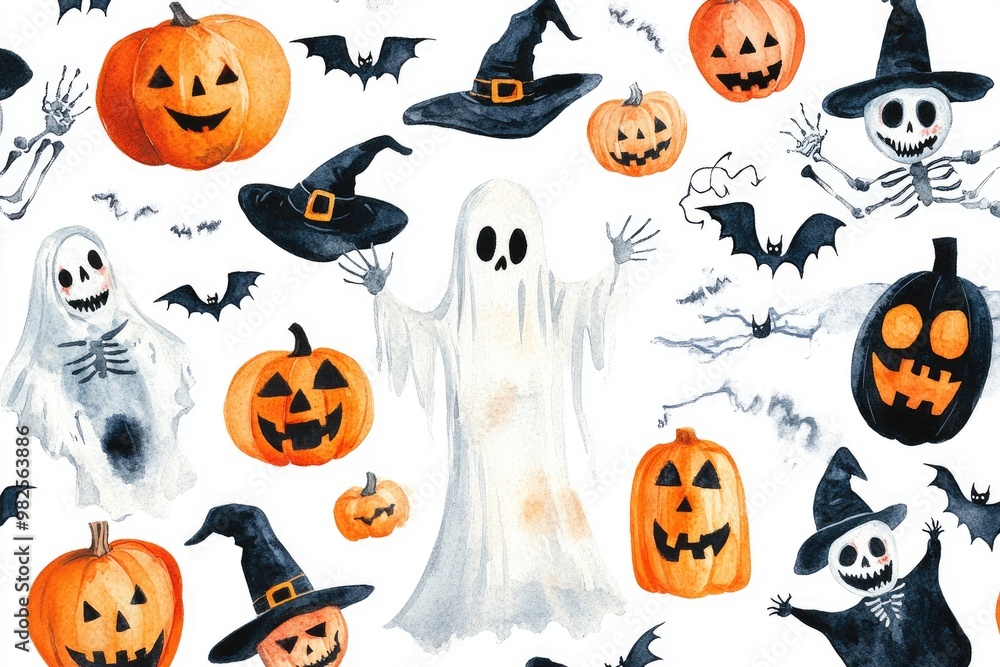 Watercolor Halloween Pattern with Pumpkins, Ghosts, and Bats Watercolor Halloween Pattern with Pumpkins, Ghosts, and Bats