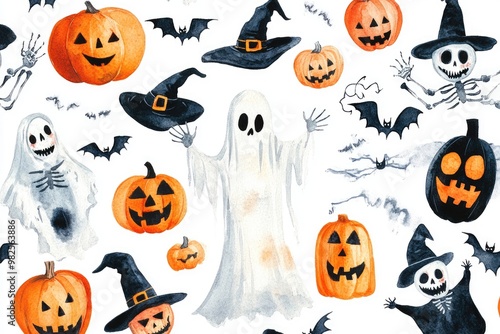 Watercolor Halloween Pattern with Pumpkins, Ghosts, and Bats