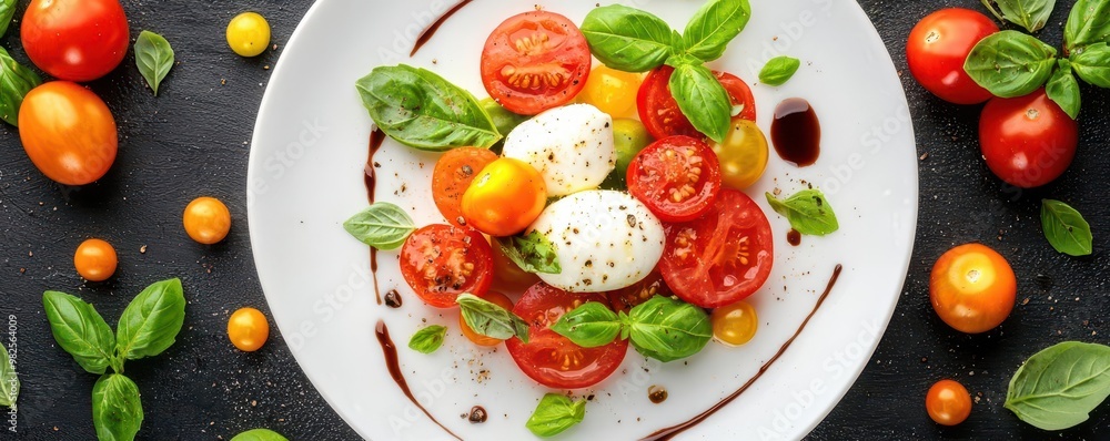 Top view of a deconstructed caprese salad, with heirloom tomatoes, fresh mozzarella, basil leaves, and balsamic pearls Top view of a deconstructed caprese salad, with heirloom tomatoes, fresh mozzarella, basil leaves, and balsamic pearls