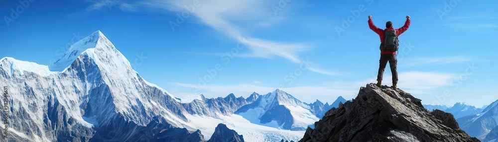 Obraz premium Hiker standing triumphantly at the summit of a towering peak