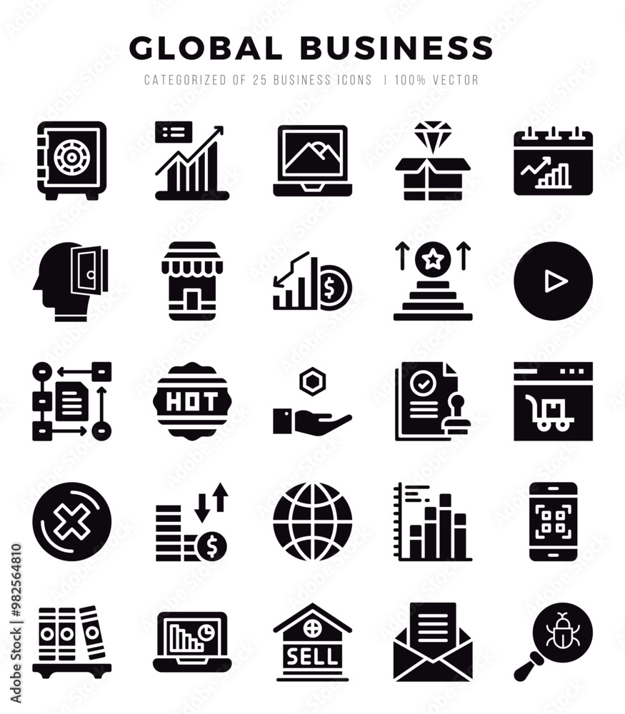 Set of Global Business icons in Glyph style. Glyph Icons symbol collection. Set of Global Business icons in Glyph style. Glyph Icons symbol collection.