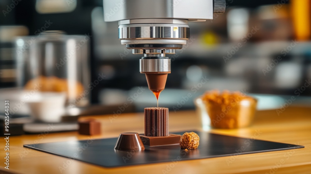 D Printed Chocolate Dessert Close up of Machine Extruding D Printed Chocolate Dessert Close up of Machine Extruding