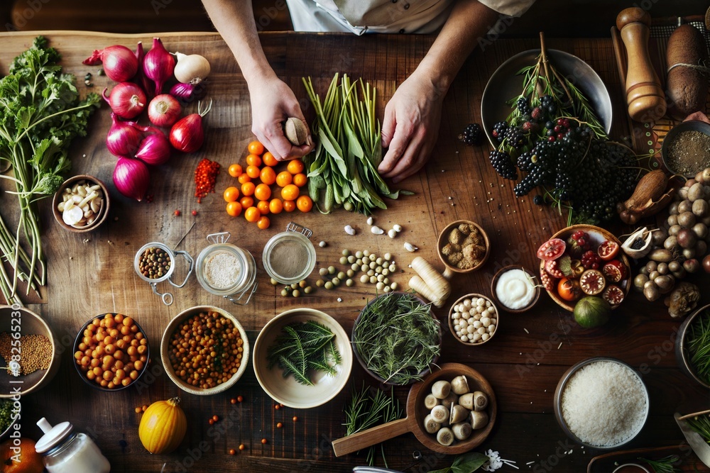 A rustic overhead shot of fresh ingredients on a wooden table, including herbs, vegetables, and spices. The inviting, home-cooked atmosphere, perfect for culinary blogs or recipe books.