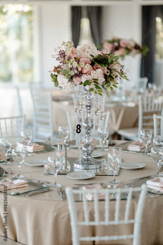 Elegant Outdoor Wedding Table Setting with Blue and White Decor Overlooking City