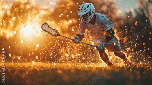 Wallpaper Mural Young lacrosse player running through a field at sunset, splashing water with excitement after scoring a thrilling goal during practice Torontodigital.ca