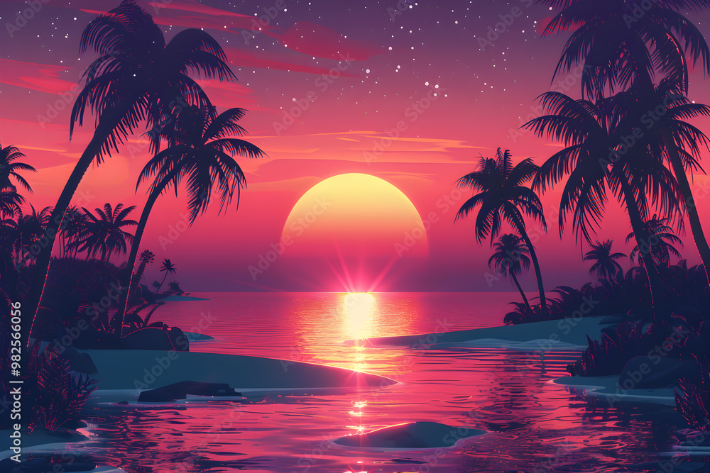 Empty background with space for text with palm trees and sunset in 80s style Empty background with space for text with palm trees and sunset in 80s style