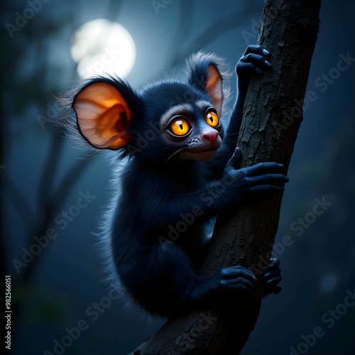 Nocturnal Aye-Aye on Tree Branch with Glowing Eyes photo