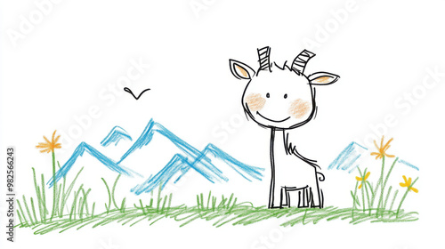 A hand-drawn illustration of a smiling goat standing on grass with mountains in the background, featuring a whimsical style.