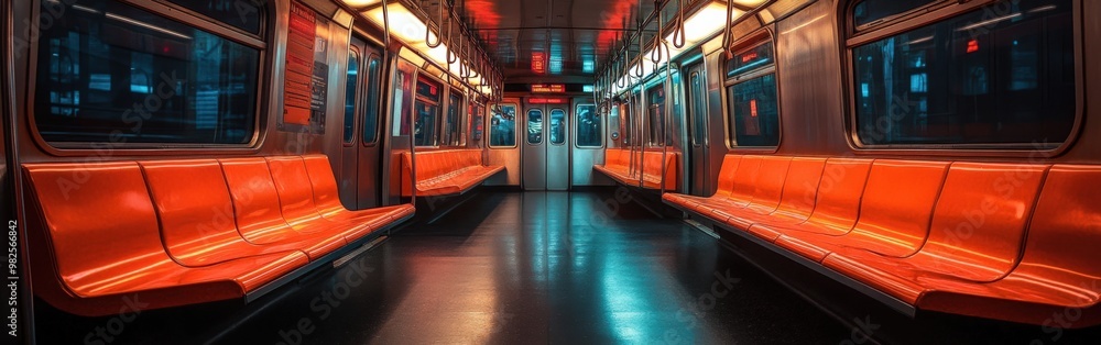 Fototapeta premium Empty Subway Train Car with Dim Nighttime Lighting