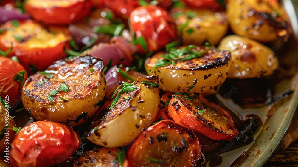 A close-up of a colorful roasted vegetable medley with charred tomatoes, onions, and herbs, creating a fresh and vibrant dish. A close-up of a colorful roasted vegetable medley with charred tomatoes, onions, and herbs, creating a fresh and vibrant dish.