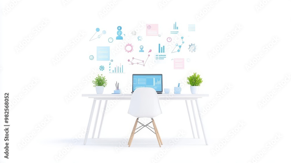 Fototapeta premium A professional working remotely on a laptop, with a focus on a clean, minimalistic workspace and a large background area suitable for text copy