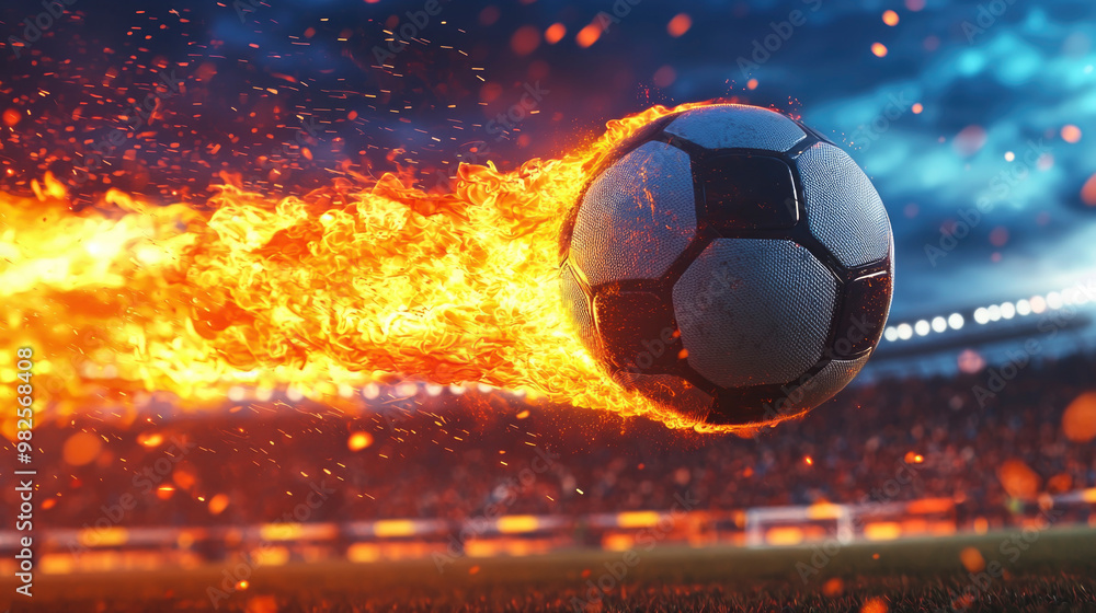 Naklejka premium A soccer ball engulfed in flames speeds through the air as players and fans watch eagerly, filled with anticipation at a lively evening match.