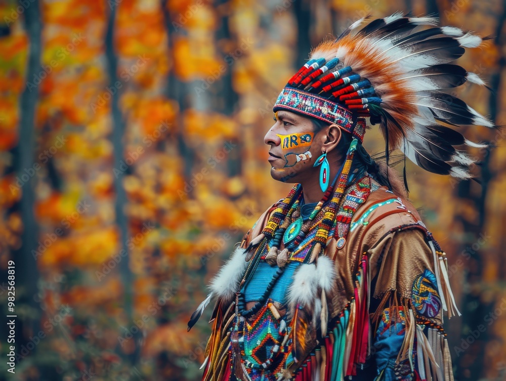 Portrait of man in traditional attire with feather headdress in forest with autumn colors, highlighting cultural heritage and natural beauty. Portrait of man in traditional attire with feather headdress in forest with autumn colors, highlighting cultural heritage and natural beauty.