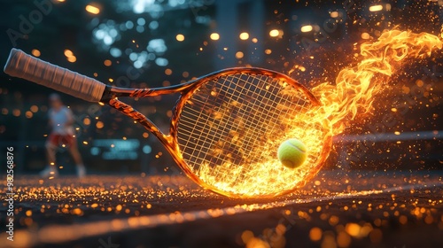 Flames engulf a tennis racquet as it swings toward a bright yellow ball during a thrilling night match, showcasing an electrifying atmosphere and dynamic movement. photo