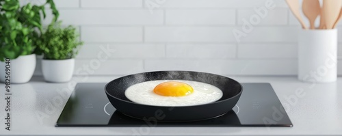 Plant-based egg substitute sizzling on smart induction stove, modern kitchen innovation, 3D illustration photo