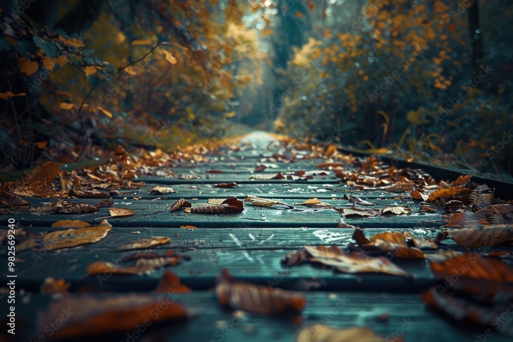 The tranquil path of fallen leaves and light mist, with a wooden bridge in the center leading to the serene forest beyond. The tranquil path of fallen leaves and light mist, with a wooden bridge in the center leading to the serene forest beyond.