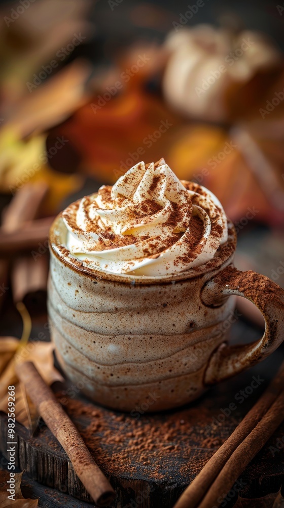 A cozy autumn scene with a delicious cup of frothy coffee topped with whipped cream and cinnamon. Perfect for fall beverages and seasonal treats. A cozy autumn scene with a delicious cup of frothy coffee topped with whipped cream and cinnamon. Perfect for fall beverages and seasonal treats.