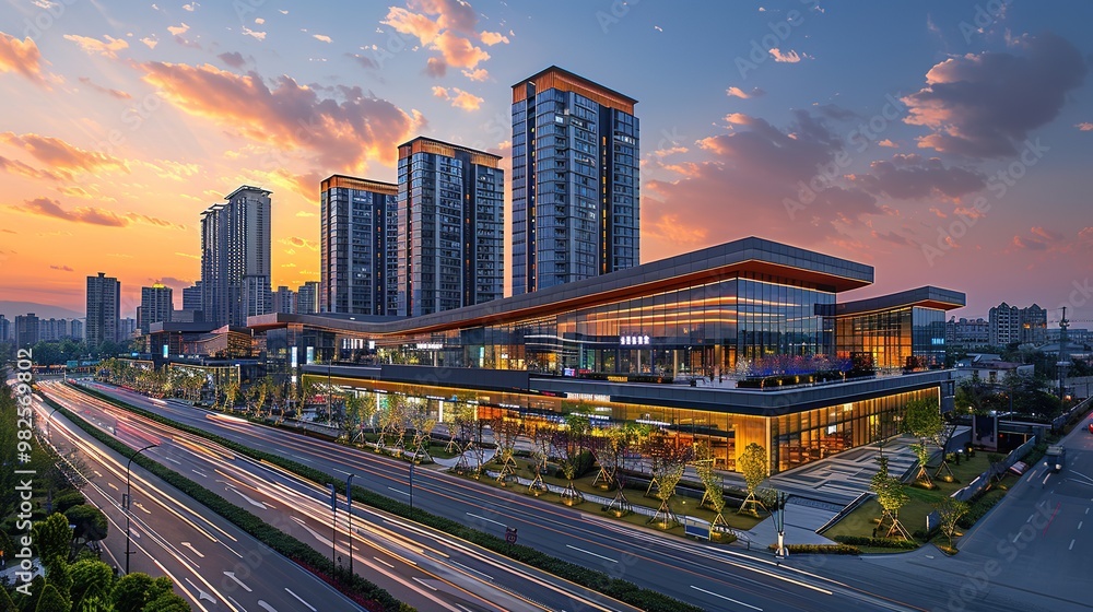 Fototapeta premium A captivating view of the background with modern commercial high - rise buildings. The buildings have sleek and stylish designs. They stand tall and proud, reaching towards the sky. There are large gl