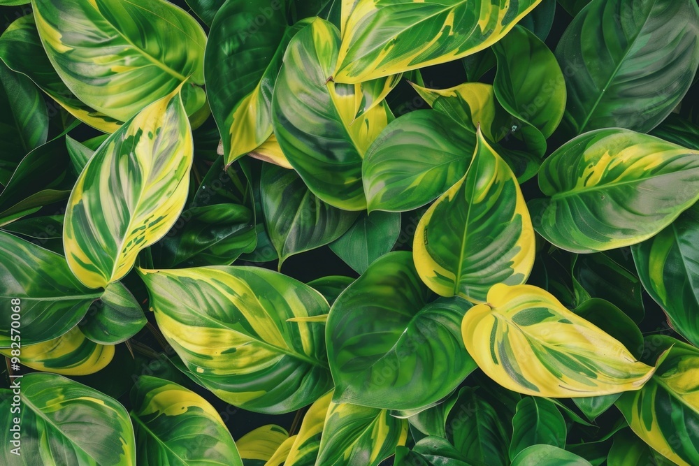 Lush, yellow-edged tropical leaves on green background. Suitable for various stock photo needs. Lush, yellow-edged tropical leaves on green background. Suitable for various stock photo needs.