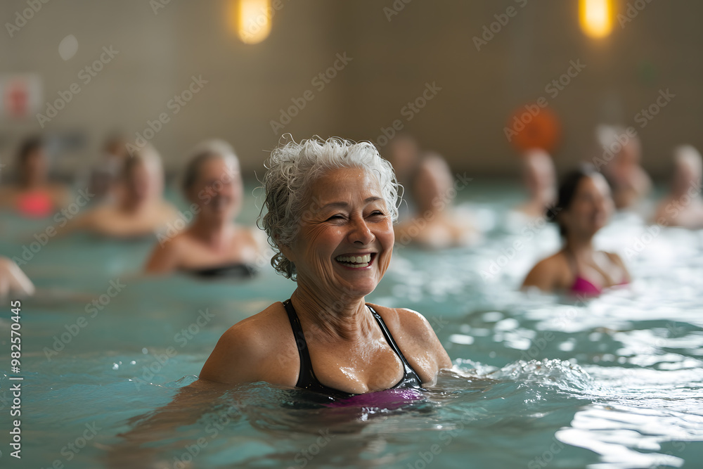 Obraz premium Senior Woman Relaxing in a Swimming Pool | Active Lifestyle and Wellness for Older Adults