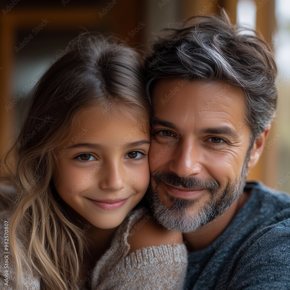 A man and a little girl are hugging each other. The man has a beard and gray hair. The girl has brown hair and is smiling. Concept of warmth and affection between the two A man and a little girl are hugging each other. The man has a beard and gray hair. The girl has brown hair and is smiling. Concept of warmth and affection between the two