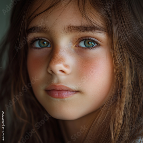 A young girl with green eyes and brown hair. She has a light pink lip color. The girl is looking at the camera