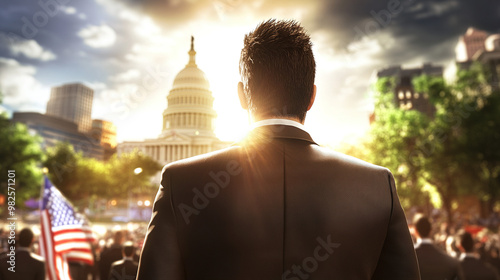 A Man in a Suit Standing at the Front of a Crowd, Facing the U.S. Capitol Building in the Distance. Backlit Scene with Sunlight Creating a Cinematic Effect, American Flags Waving in the Foreground.